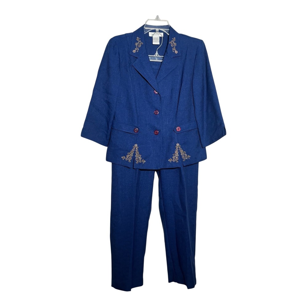 Sag Harbor Petite Womens Size 10P‎ Blue Pant Suit Set Beaded Embellished Career